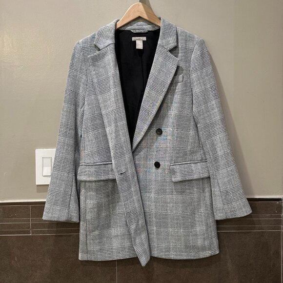 H&M Checked Pattern Double-Breasted Midi-Length Blazer Jacket (Grey/Black/White) - Picture 8 of 16